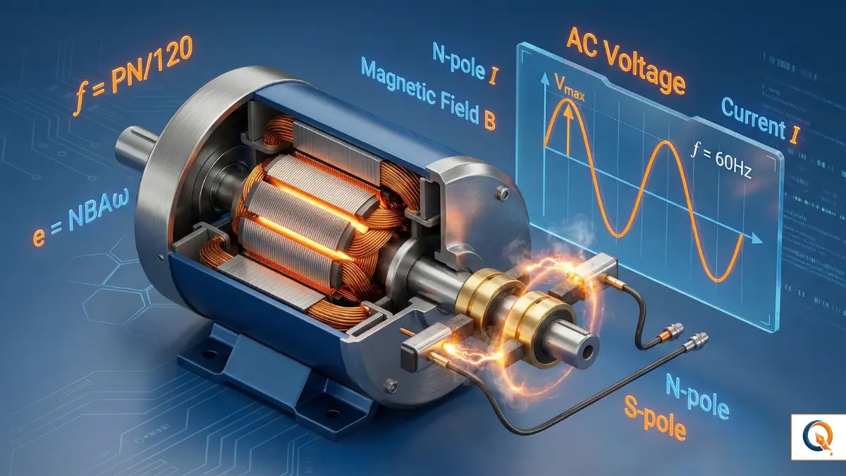 Interactive AC Generator working principle diagram with EMF and Frequency Calculator 2026.