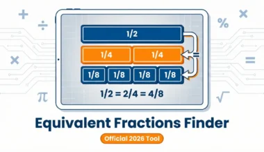 तुल्य भिन्न चार्ट (Equivalent Fractions Wall) showing 1/2 equals 2/4 and 4/8 using the online finder tool visualization.