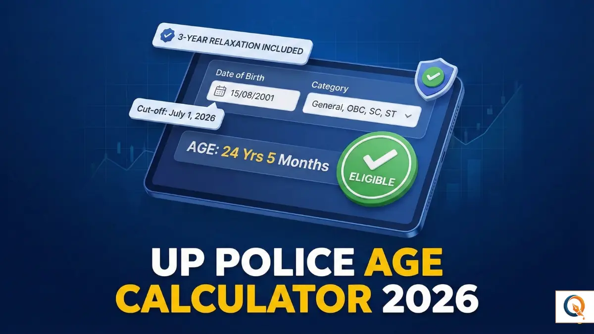 UP Police Constable Age Calculator 2026 Tool interface displaying 'Eligible' verdict, 3-year age relaxation badge, and physical standard check on a tablet screen.